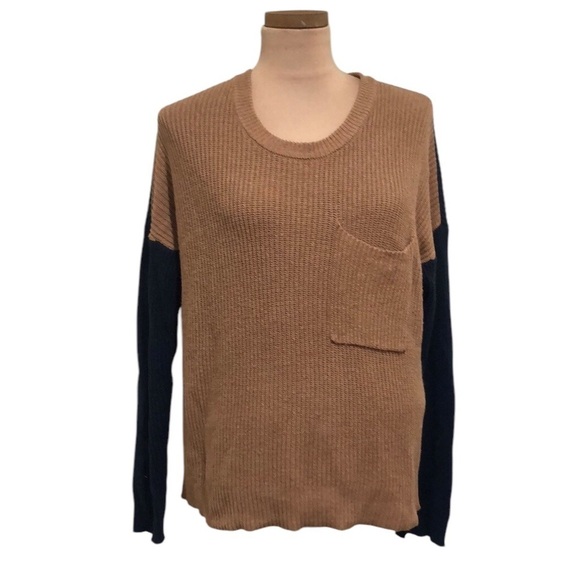 Madewell Thompson Pocket Sweater Size Small Camel Brown Navy Blue Colorblock - Picture 1 of 11